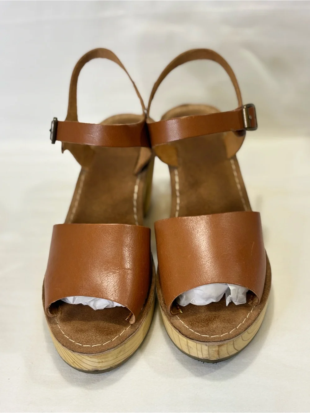 URBAN OUTFITTERS Brown Leather Ankle-Strap Wood Clog Sandals Boho Retro 7.5 $80
